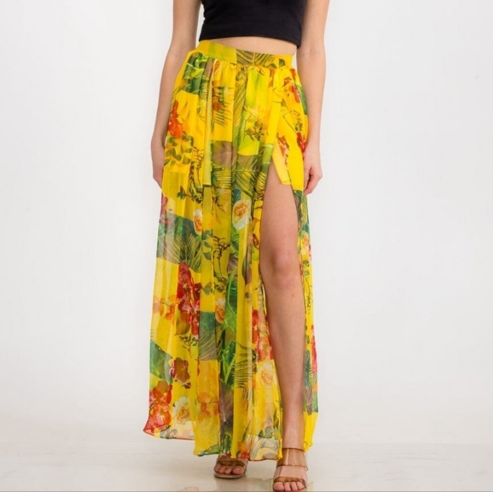 CqbyCq Tropical Maxi Skirt Double Thigh Front Slits Yellow Floral Print Resort